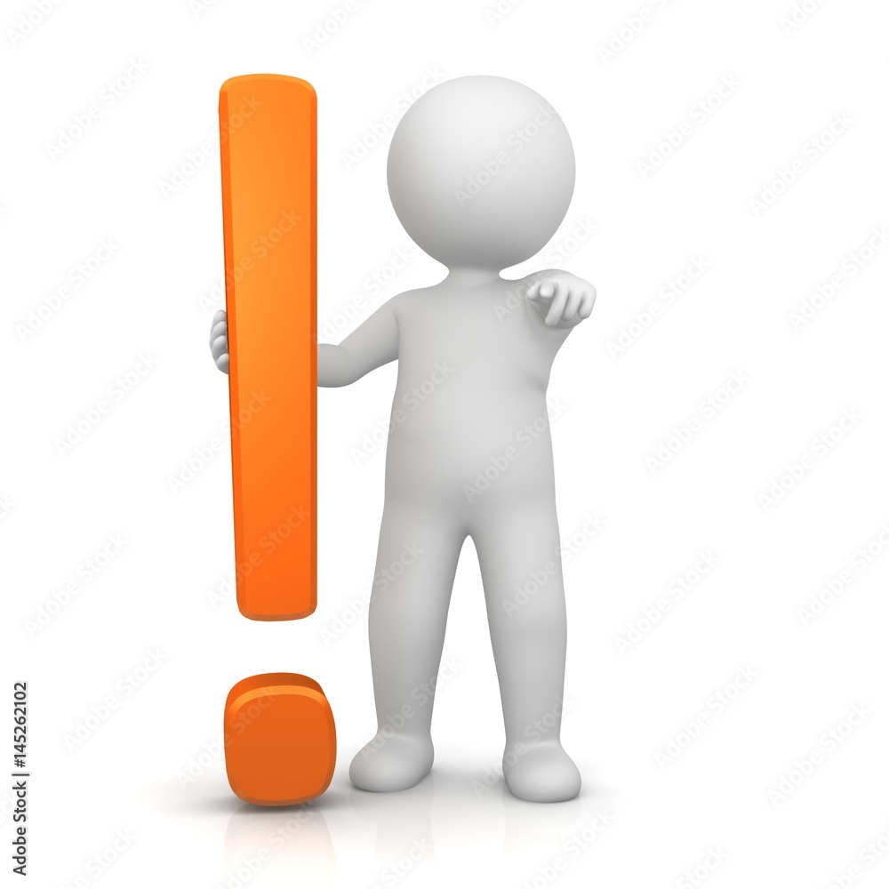 Stickman 3d orange exclamation mark point greet cheer winner isolated on white background icon Stickman 3d orange exclamation mark point greet cheer winner isolated on white background icon
