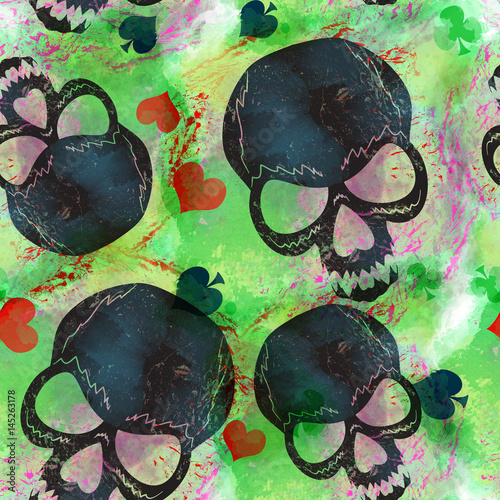 Grunge skulls and playing cards symbols on multicolor background with watercolor effect.