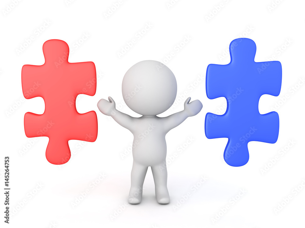 3D Character with two puzzle pieces next to him, one red, another blue 3D Character with two puzzle pieces next to him, one red, another blue