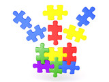 3D Illustration of jigsaw puzzle pieces falling into place