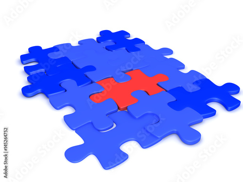 3D illustration of blue jigsaw puzzles pieces with a red one in the middle