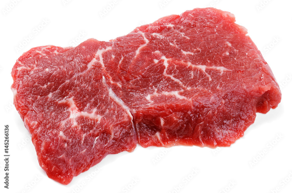 Top view of fresh raw beef steak isolated on white background