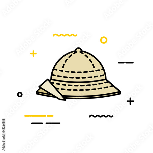 Color Flat icon of a cork helmet on a white background. Line style. Vector illustration