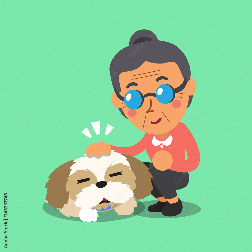 Fototapeta premium Cartoon senior woman and her dog