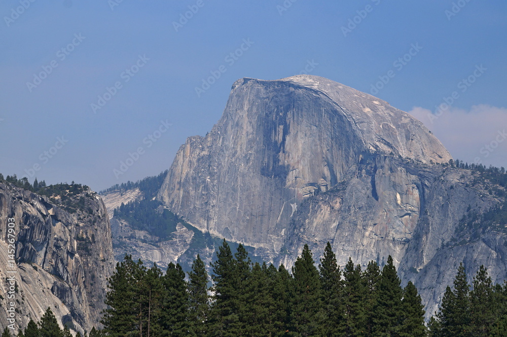 Yosemite in California. Meadow and half dome at background
