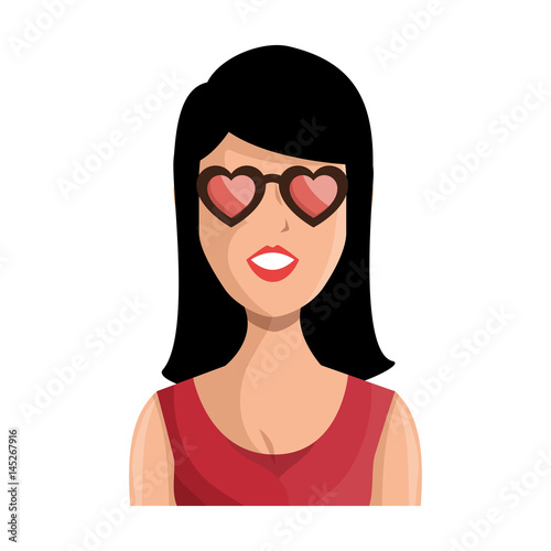 beautiful woman with hearts glasses vector illustration design