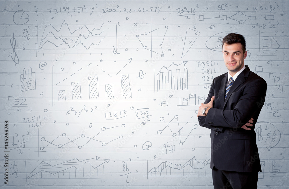 Salesman standing with drawn graph charts Salesman standing with drawn graph charts