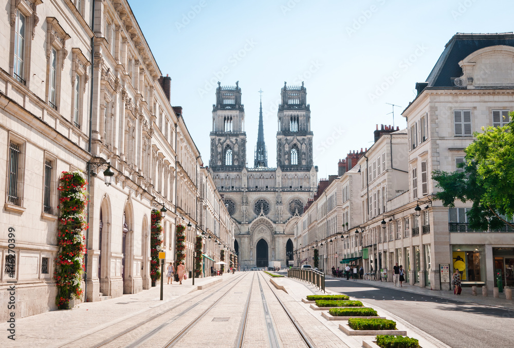 Street with Cathedral in Orleans, France - obrazy, fototapety, plakaty 