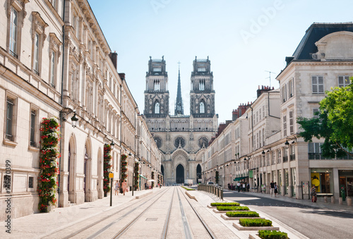 Street with Cathedral in Orleans, France photo