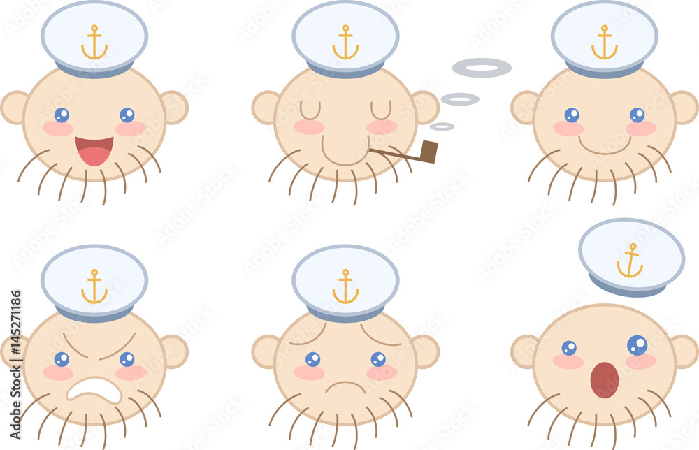 Set of cute cartoon sailor face emotions. Vector illustration