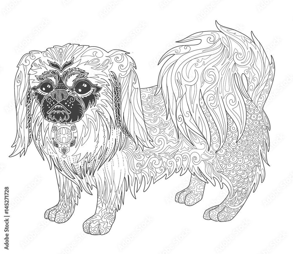 Dog pekingese doodle illustration page for adult coloring book. Stock ...