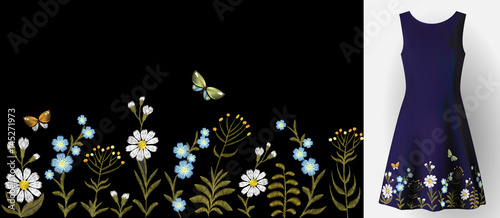 Flower embroidery on dress mock up. Fashion decoration patch realistic 3d vector illustration woman clothes. Traditional flower seamless border textile print vintage