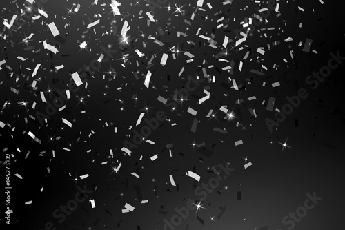 Falling Shiny Glitter silver Confetti isolated on black background. Christmas or Happy New Year Confetti. Vector Illustration