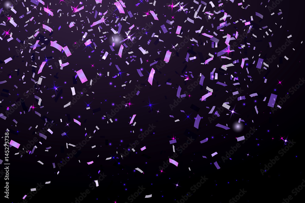 Falling Shiny Glitter purple Confetti isolated on black background