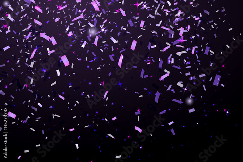 Falling Shiny Glitter purple Confetti isolated on black background. Christmas or Happy New Year Confetti. Vector Illustration