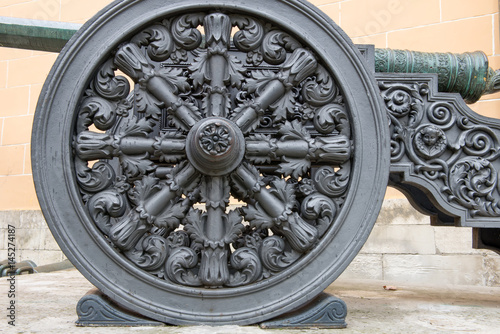 MOSCOW, RUSSIA - SEPTEMBER 7, 2016: Details to the carriages of the French guns from the collection of artillery of XVI-XIX centuries near the building of Arsenal, the Moscow Kremlin, Moscow.