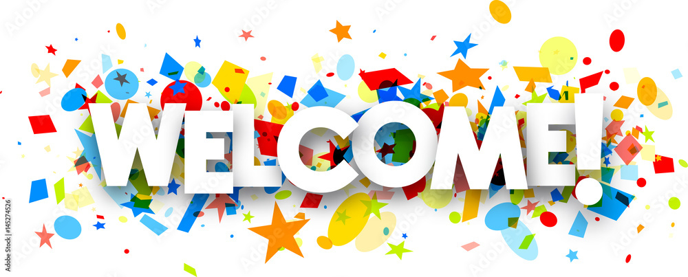 Welcome banner with colorful confetti.