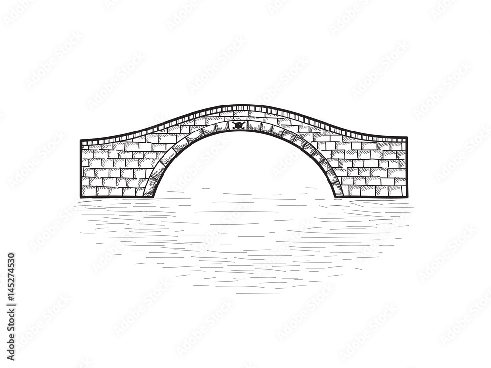 Wall Mural Small stone bridge sign isolated. Engraving retro illustration.