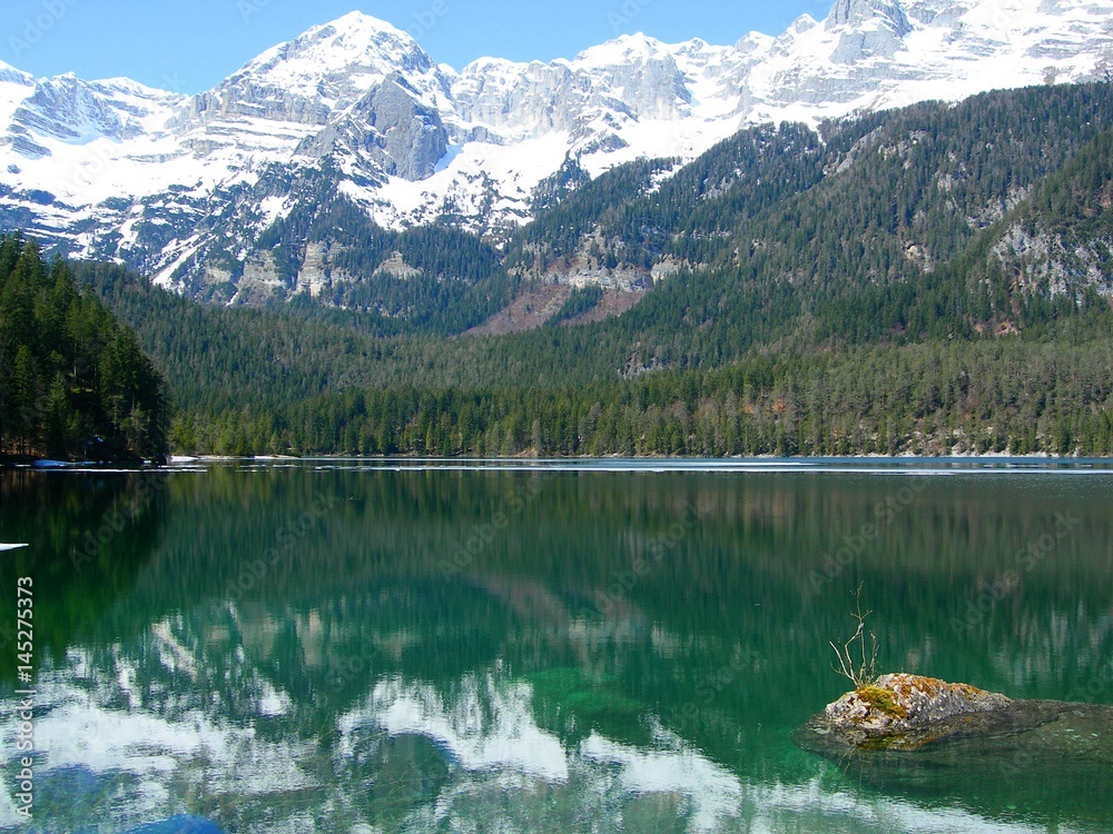 Italy, Trentino Alto Adige: Reflection on the Tovel lake.