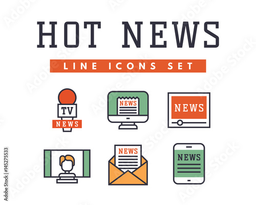 Hot news icons flat style colorful set websites mobile and print media newspaper communication concept internet information vector illustration.