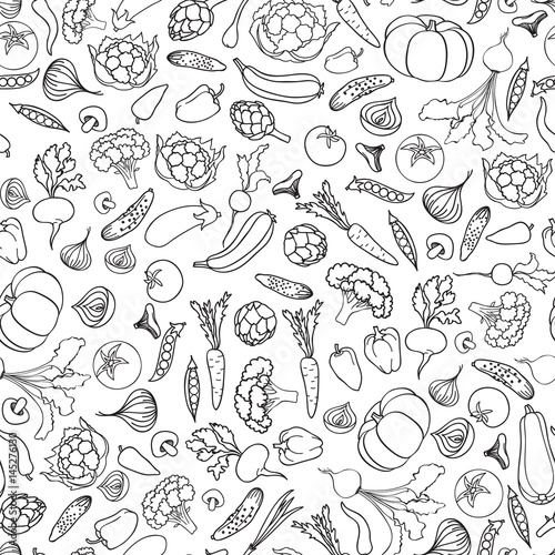 Fototapeta Food ingredient seamless doodle line pattern Vegetable background
