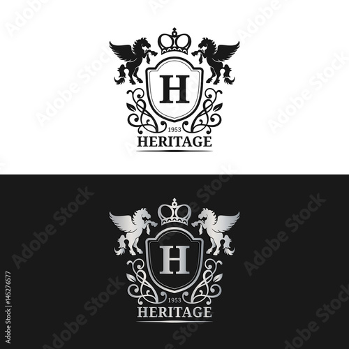 Vector monogram logo template. Luxury letter design. Graceful vintage character with pegasus symbols illustration.