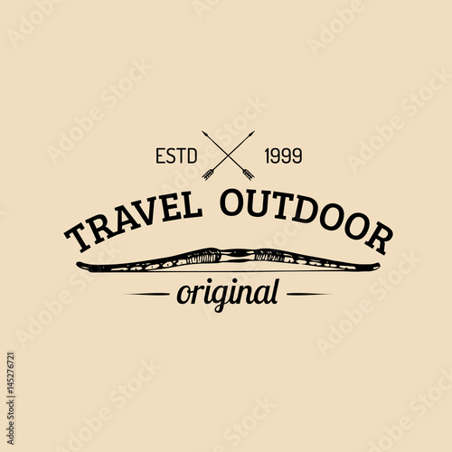 Vector tribal camp logo. Tourist sign with hand drawn image of indian bow and arrows. Retro label of outdoor adventures.