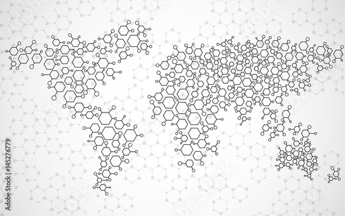 Abstract world map of hexagonal molecular structures. Vector
