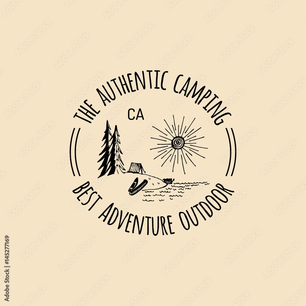 Vector camp logo. Tourism sign with hand drawn lake shore landscape. Retro hipster badge, label of outdoor adventures.