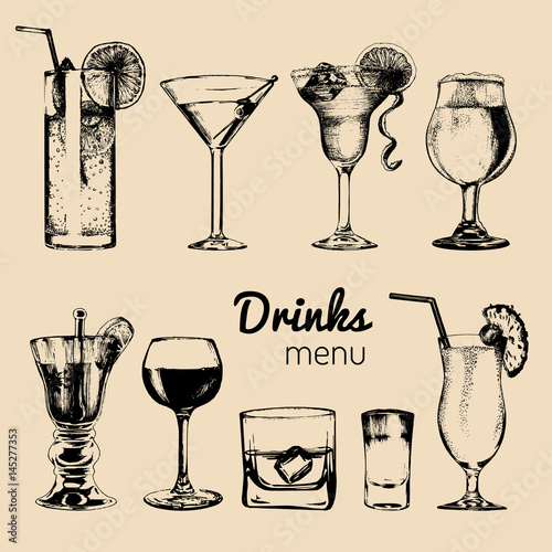 Cocktails, drinks and glasses for bar, restaurant, cafe menu. Hand drawn alcoholic beverages vector illustrations set.