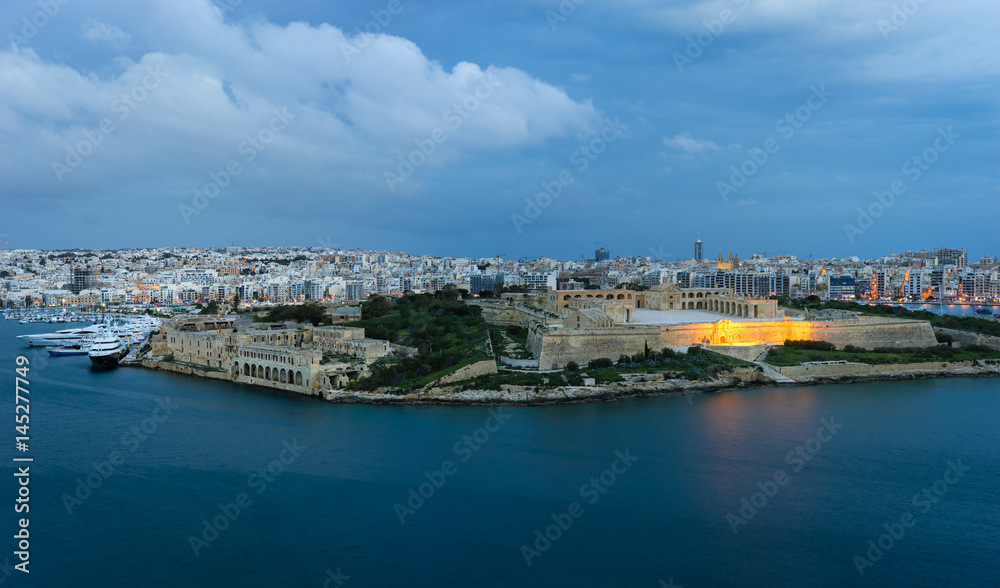 Malta. Panoramic view of Marsamxett Harbour and Manoel Island from the walls of Valletta in the morning