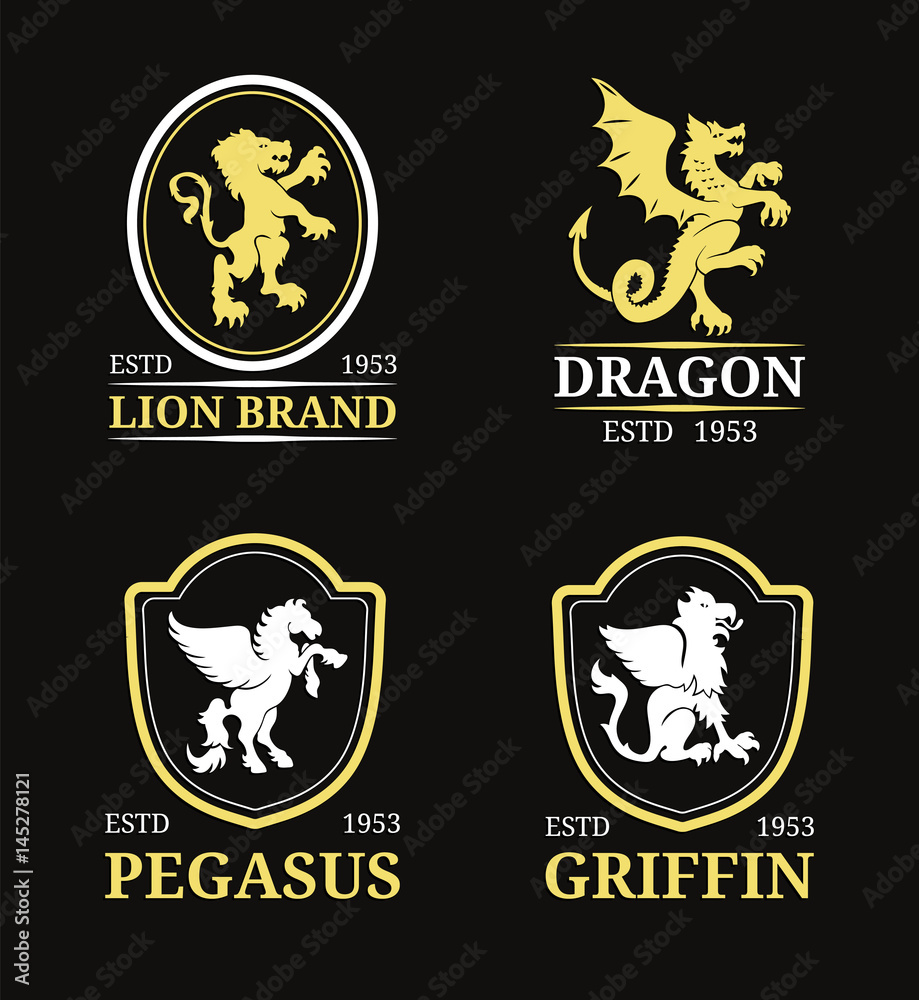 Vector crest monogram templates. Luxury pegasus,dragon, lion,griffin design. Graceful animals silhouettes illustrations.