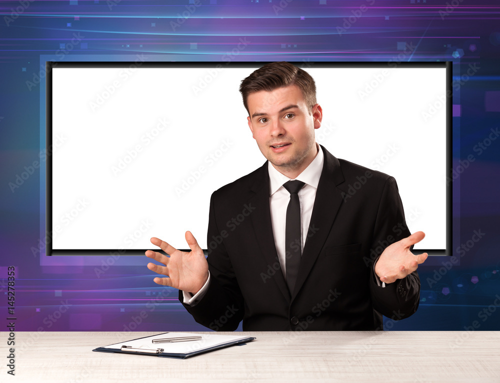 Television program host with big copy screen in his back Television program host with big copy screen in his back
