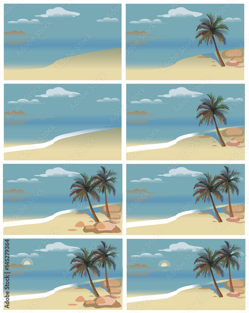 Flat vector set tropical island with sea and palm trees. A set of colored species with palm trees and sea