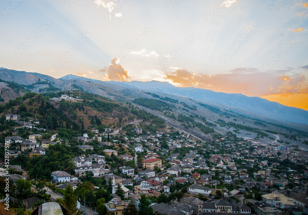 2016 Albania Gjirokastra Castle, old town, view to the city and moutains, aeroplane from second world war