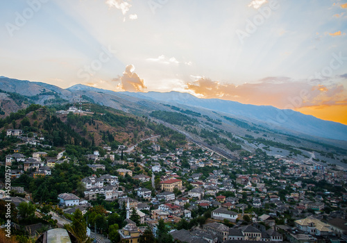 Obraz na płótnie 2016 Albania Gjirokastra Castle, old town, view to the city and moutains, aeroplane from second world war w salonie