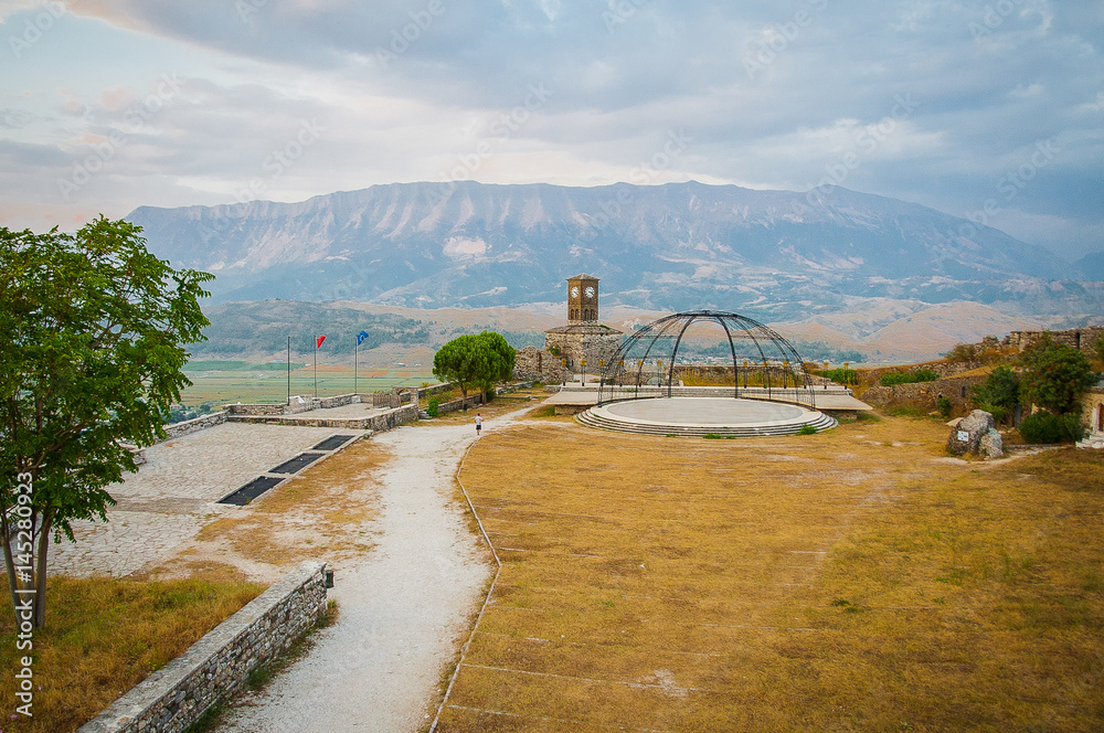 2016 Albania Gjirokastra Castle, old town, view to the city and moutains