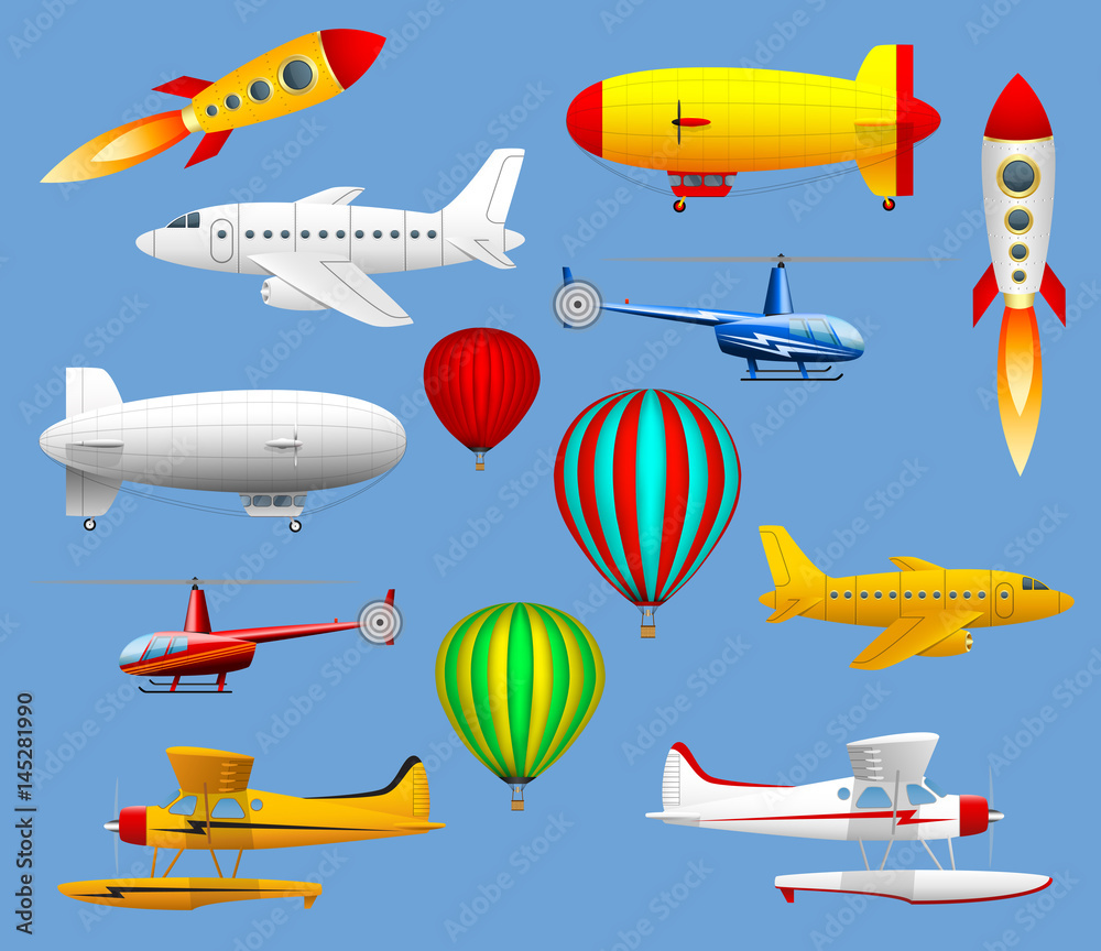 Naklejka premium Set of different types of air transport. Airplanes, helicopters, balloons and zeppelins.