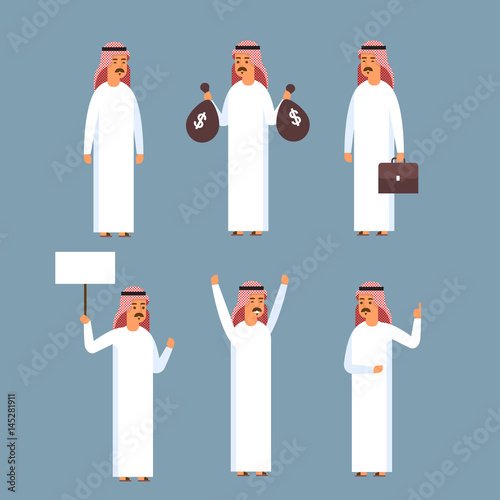 Arab Man Set, Islam Businessman Wearing Traditional Clothes Collection Flat Vector Illustration