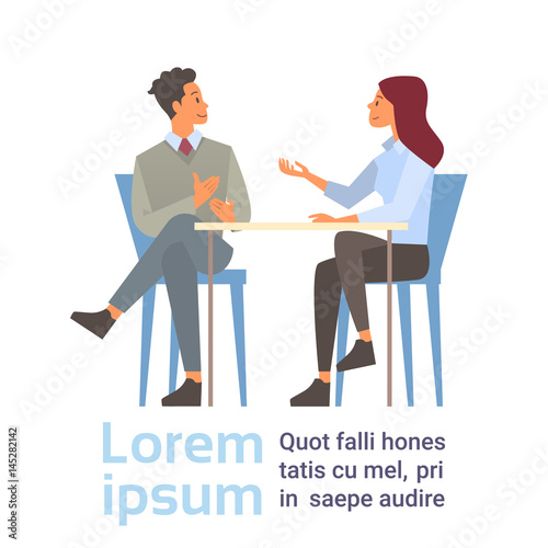 Business Man And Woman Talking Discussing, Businesspeople Chat Sitting Communication Flat Vector Illustration