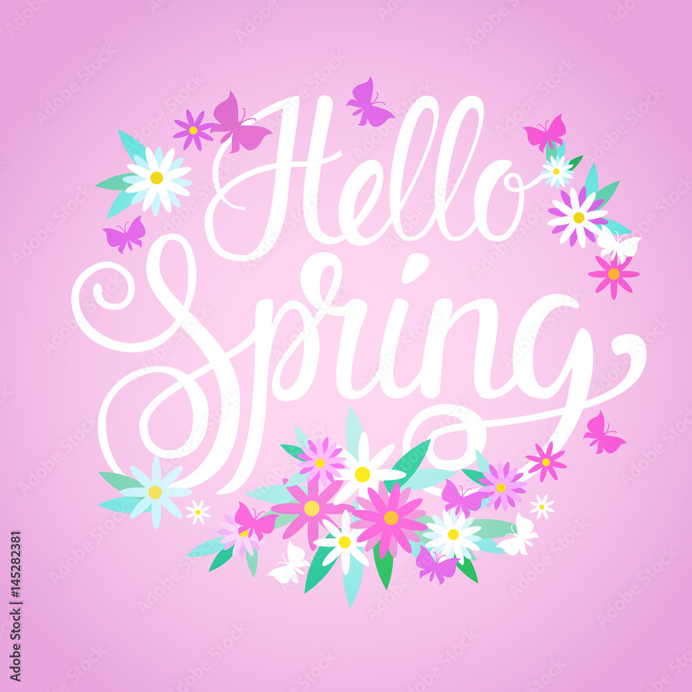 Hello Spring Season Text Banner Abstract Flowers Background Flat Vector Illustration