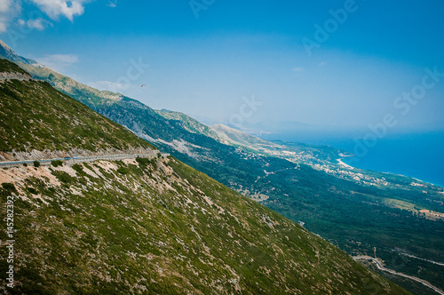 Obraz na płótnie 2016, Albania, Llogara National Park, Paraglider over Llogara Pass. Vlore county w salonie
