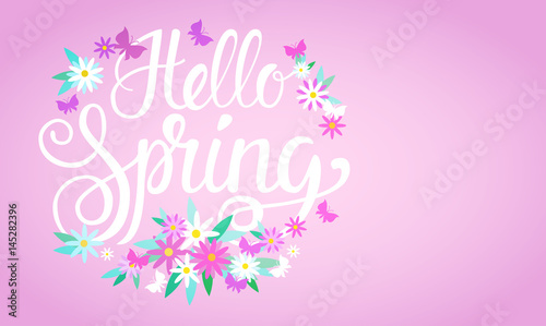 Hello Spring Season Text Banner Abstract Flowers Background Flat Vector Illustration © mast3r