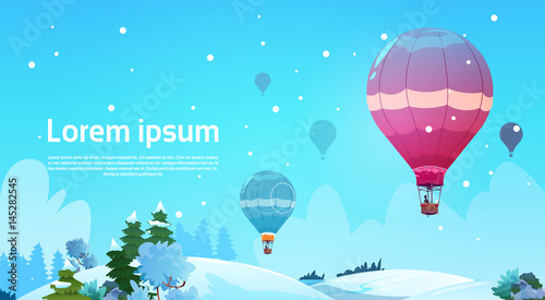 Colorful Air Balloons Flying In Sky Over Winter Snow Landscape Flat Vector Illustration