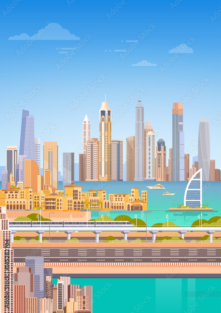 Fototapeta premium Subway Over City Skyscraper View Cityscape Background Skyline Flat Vector Illustration