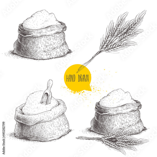 Hand drawn sketch style set of sacks with whole flour and wheat bunch isolated on white background. Bag with sugar, flour sack with wooden scoop, wheat sheaf.