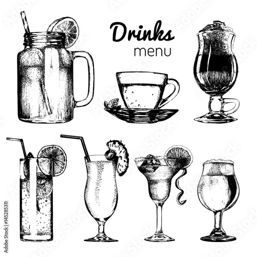 Cocktails,soft drinks and glasses for bar,restaurant,cafe menu. Hand drawn different beverages vector illustrations set.