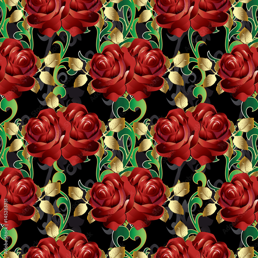 Floral red roses seamless pattern Black background wallpaper illustration  with vintage 3d red roses flowers, gold green leaves and antique damask  ornaments. Vector surface texture. Stock Vector | Adobe Stock