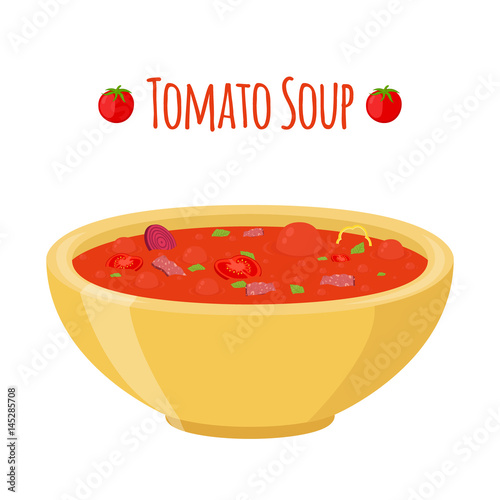 Tomato soup with meat, beet, tomatoes, pepper, potato and basil.