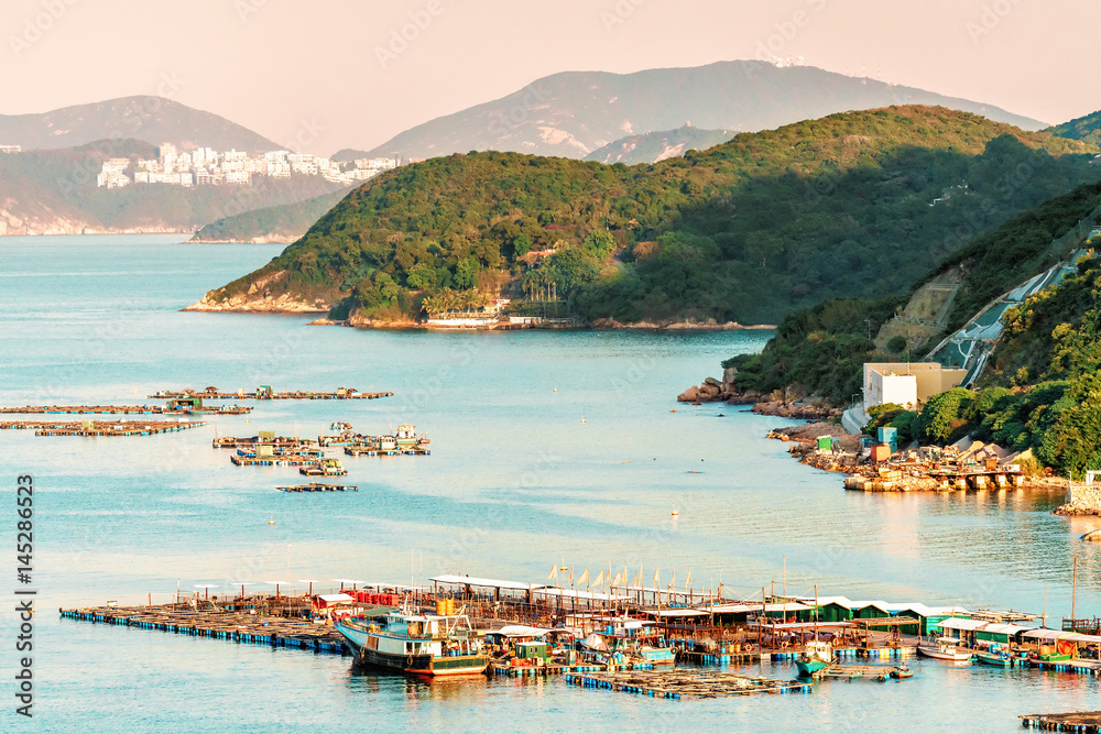 Fototapeta premium Fish farming rafts in the bay of Sok Kwu Wan fisherfolks village viewed from the observation deck of the Family Walk trail on Lamma Island at sunset, Hong Kong. Fresh seafood delivery